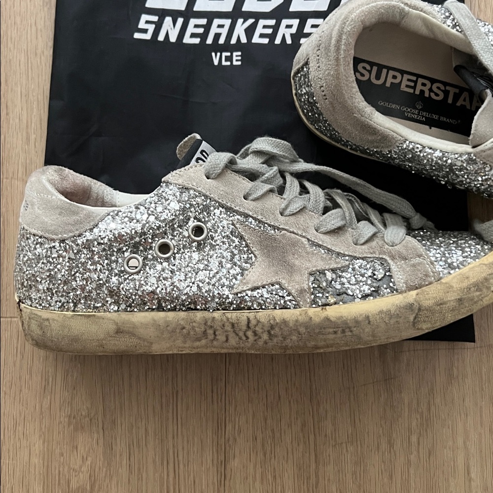 Golden Goose Superstar Silver Glitter Sneakers Used Condition